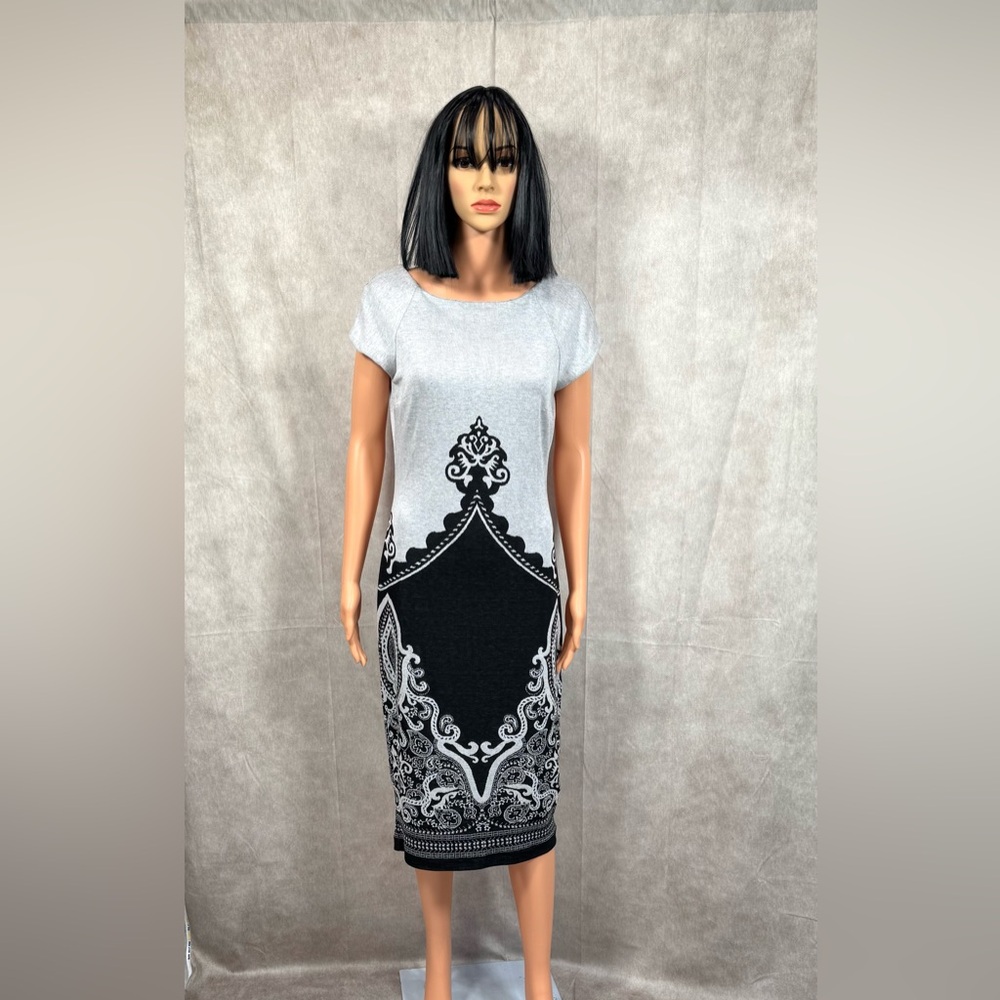 Black and Gray Midi Sheath Dress with Crew Neck